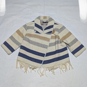 Karen Millen Wool Blend Jacket Medium Striped Fringe Funnel Neck 3/4 Sleeve Coat